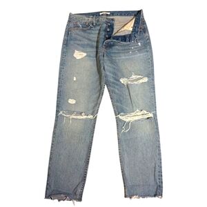 Grlfrnd Blue Jeans Straight Leg Mid Rise Ankle Button Fly Distressed Womens 31
